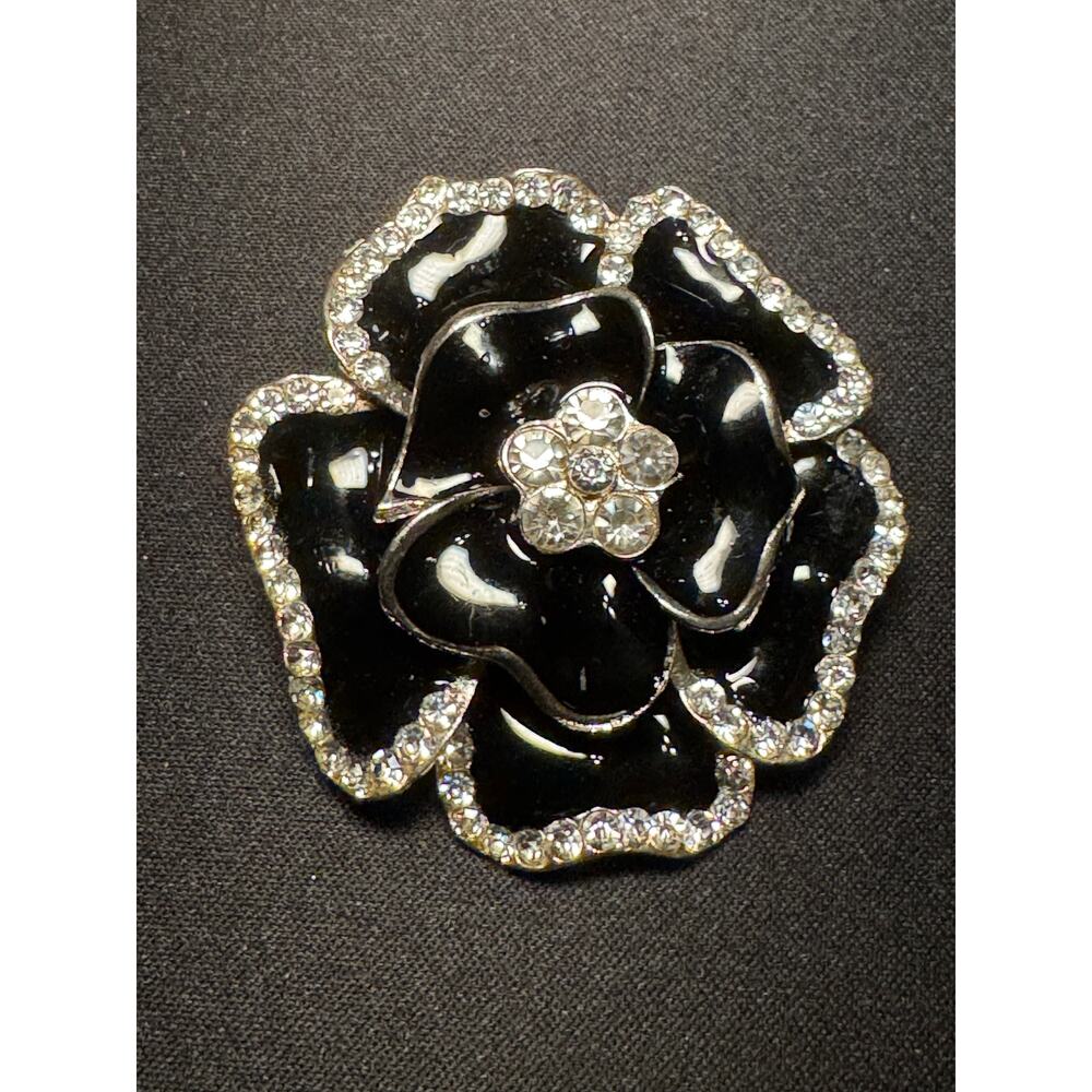 Large Black & Silver Enamel with Crystals Flower Brooch